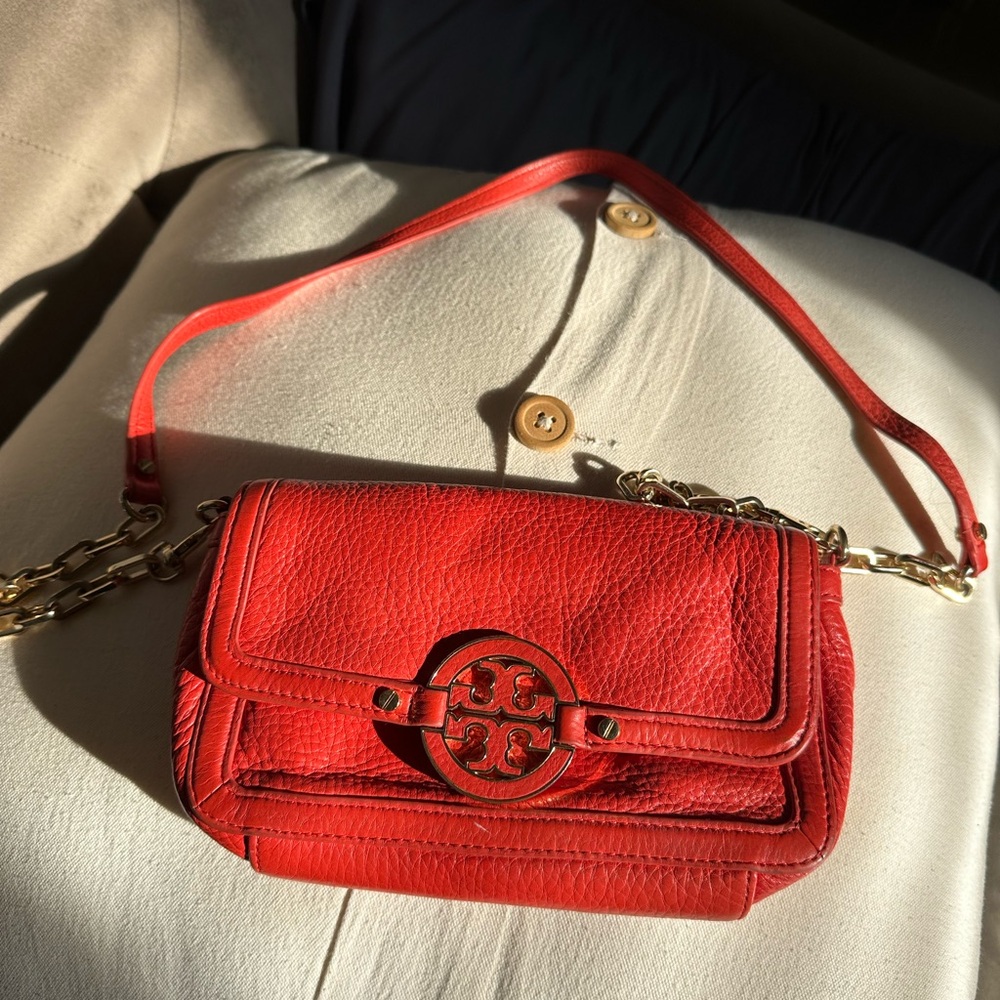 orange tory burch leather crossbody bag (authentic)